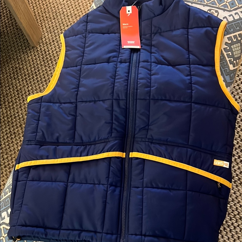 Navy Blue Quilted Vest with Yellow Trim men’s